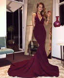 Burgundy Mermaid V Neck Backless Sweep Train Prom Dresses JS211