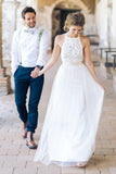 Simple Jewel Chiffon Lace Top Wedding Dress Lace Tulle Beach Wedding Dress with belt N28