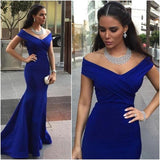 Prom Dresses Off The Shoulder Satin Mermaid Dark Royal Blue Sweep Train