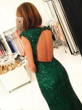 Dark Green Open Back Long Prom Dresses Sequins Split Bridesmaid Dress JS002