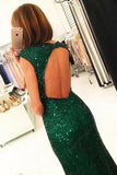 Dark Green Open Back Long Prom Dresses Sequins Split Bridesmaid Dress JS002