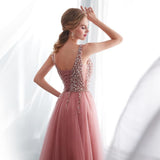 A Line Dusty Rose Long Tulle Prom Dresses Sequins Shiny Bodice V Neck Formal Dress JS425