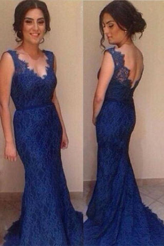 blue long lace prom dress mermaid charming evening gown