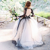 Long Sleeves Wedding Dresses Black Appliques Bridal Dresses Tulle