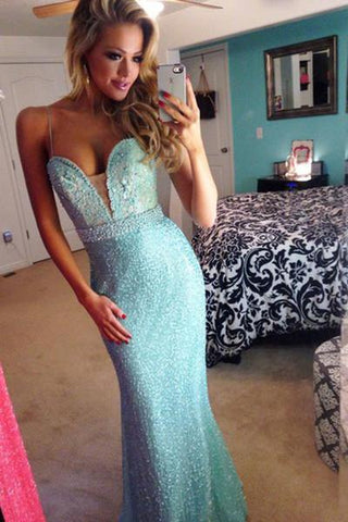 2024 sexy light blue beading sweetheart A-Line long spaghetti straps prom dresses JS354