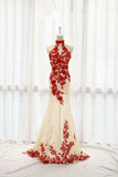 Fashion Champagne Prom Dress Tulle Formal Gown Red Prom Dresses Lace Evening Gowns JS850