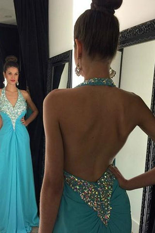 Baby blue chiffon beading rhinestone halter long evening backless dress