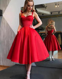 A-Line Spaghetti Straps Tea-Length Red Satin Prom Homecoming Dresses with Pockets JS86