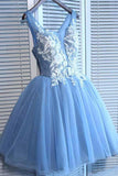 A Line V Neck Blue Tulle Cheap Beads Short Homecoming Dresses with Lace Appliques JS05