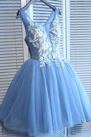 A Line V Neck Blue Tulle Cheap Beads Short Homecoming Dresses with Lace Appliques JS05