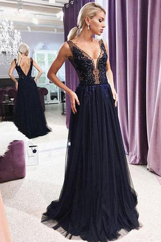 Modest A Line V Neck Open Back Navy Blue Lace Long Prom Dresses with Beading JS136