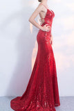 V-Neck Red Mermaid Spaghetti Straps Sparkly Backless Sleeveless Sequins Evening Dresses JS242