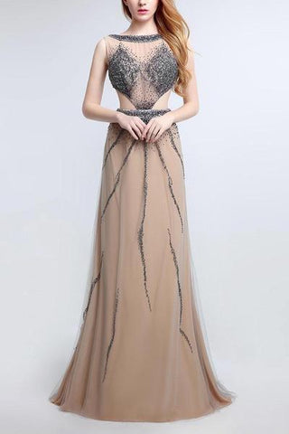 Champagne tulle sequins open back round neck full-length evening dresses formal dresses