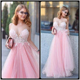 Pink Tulle Scoop Neck Princess Sweetheart Floor-length with Appliques Lace Prom Dresses JS807