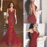 Gorgeous Red Mermaid V-neck Backless Prom Dresses with Beading Appliques For Spring Teens JS130