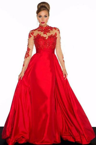 New Arrival Elegant Taffeta Applique Long Sleeve Empire Prom Gowns Evening Dresses JS857