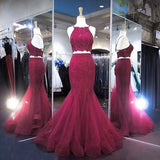 Hot-Selling Two-Piece Mermaid Halter Sleeveless Burgundy Long Prom Dress with Beading JS779