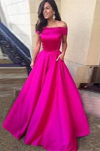 Off-the-Shoulder with Pockets Open Back Scoop A-line Simple Cheap Long Prom Dresses JS867