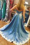 Blue Lace High Low Sweetheart A Line Appliques Long Strapless Cheap Prom Dresses JS34