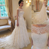 Long A-Line Round Neck Illusion White Lace Wedding Dresses