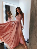 A Line Spaghetti Straps V Neck Purple Lace Side Slit Prom Dresses Party Dresses