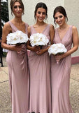 A Line Long Chiffon V Neck Ruffles Pink Prom Dresses Floor Length Bridesmaid Dresses