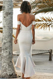 Mermaid Off the Shoulder Sweetheart Ivory Satin Open Back Ruffles Bridesmaid Dresses JS756