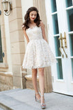 A-Line Princess Sweetheart Sleeveless Rhinestone Short Mini Lace Homecoming Dresses JS574