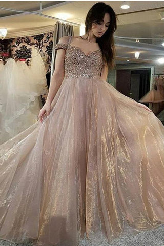 Beautiful Long Off the Shoulder A-Line Sweetheart Beads Organza Prom Dresses UK JS491