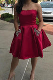 Simple Strapless Cute Cheap Beaded Red Sleeveless Homecoming Dresses with Pockets JS702