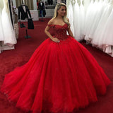 Sparkly Red Ball Gown Sweetheart Off Shoulder Prom Dresses with Sequins