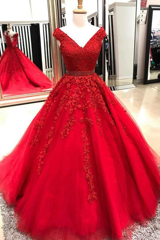 Red V Neck A Line Sweetheart Ball Gowns Lace Prom Dresses with Appliques