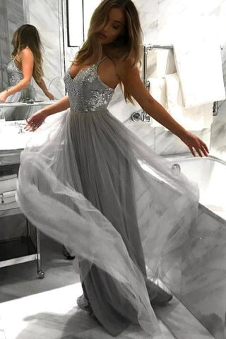 Light Grey Backless Spaghetti Straps Lace Tulle Long A-line V-Neck Prom Dresses JS529