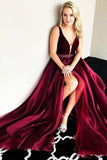 Chic Modest Burgundy V-Neck Cheap Long Sleeveless Slit Beads Prom Dress UK JS446