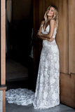 Princess A-Line Spaghetti Straps Sleeveless Ivory Backless Lace Appliques Wedding Dresses UK JS274