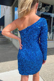 One Shoulder Long Sleeve Sequins Slit Short Homecoming Dresses