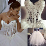 Ball Gown Lace Pearl Beads Unique Arabic Sweetheart White Tulle Princess Wedding Dress JS686