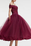 Vintage Princess Off the Shoulder Tea Length Ball Gown Scoop Burgundy Homecoming Dress JS860