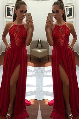 Sexy Unique Red A-Line Halter Split-Front Formal Dress Chiffon Sleeveless Long Prom Dresses JS253