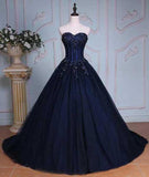 Princess Ball Gown Sweetheart Navy Blue Beads Ruffles Long Tulle Prom Dresses with Lace up JS236