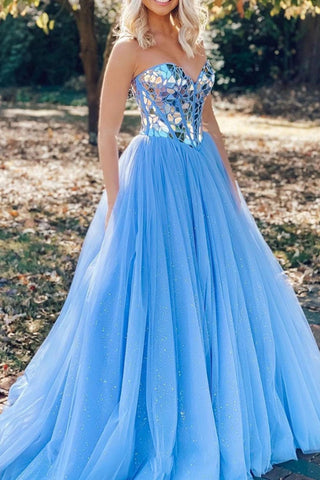 Shiny Sweetheart Sequins BlueTulle Formal Evening Dresses Long Prom Dresses