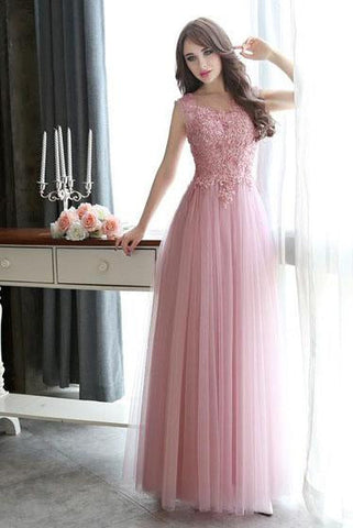 Modest Scoop Neck Tulle Pearl Detailing Lace-up Floor-length Sleeveless Prom Dresses JS632