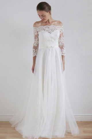 A-Line Lace Scoop 3/4 Sleeve Appliques Tulle Floor-Length White Button Wedding Dresses JS176