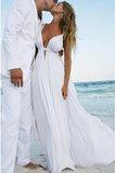 Sexy Deep V Neck White Chiffon Beach Elegant A-Line Bridal Floor-Length Wedding Dresses JS226