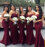 Burgundy Sweetheart Strapless Lace Mermaid Cheap Long Prom Dress Bridesmaid Dresses JS13