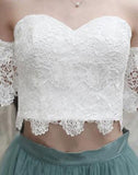 White Lace Tulle Two Pieces Off Shoulder Short Sleeve Short Prom Dress Homecoming Dress JS454