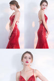 V-Neck Red Mermaid Spaghetti Straps Sparkly Backless Sleeveless Sequins Evening Dresses JS242