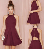 Cheap A Line Burgundy Short Prom Dress Satin Knee Length Sleeveless Homecoming Dress JS600