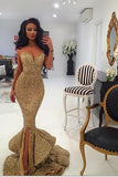 Spaghetti Straps Red Sequin Long Mermaid Front Slit Sparkle Long Prom Dresses JS520