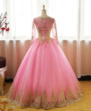 Ball Gown Long Sleeve Gold Rose Red Tulle Round Neck Lace up Prom Quinceanera Dresses JS147